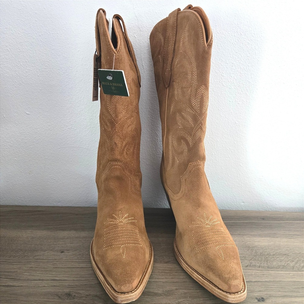 Buck & Brana Tessa Camel Suede Western Cowboy Boots Women 8 Handmade Mexico NWT - Picture 2 of 9